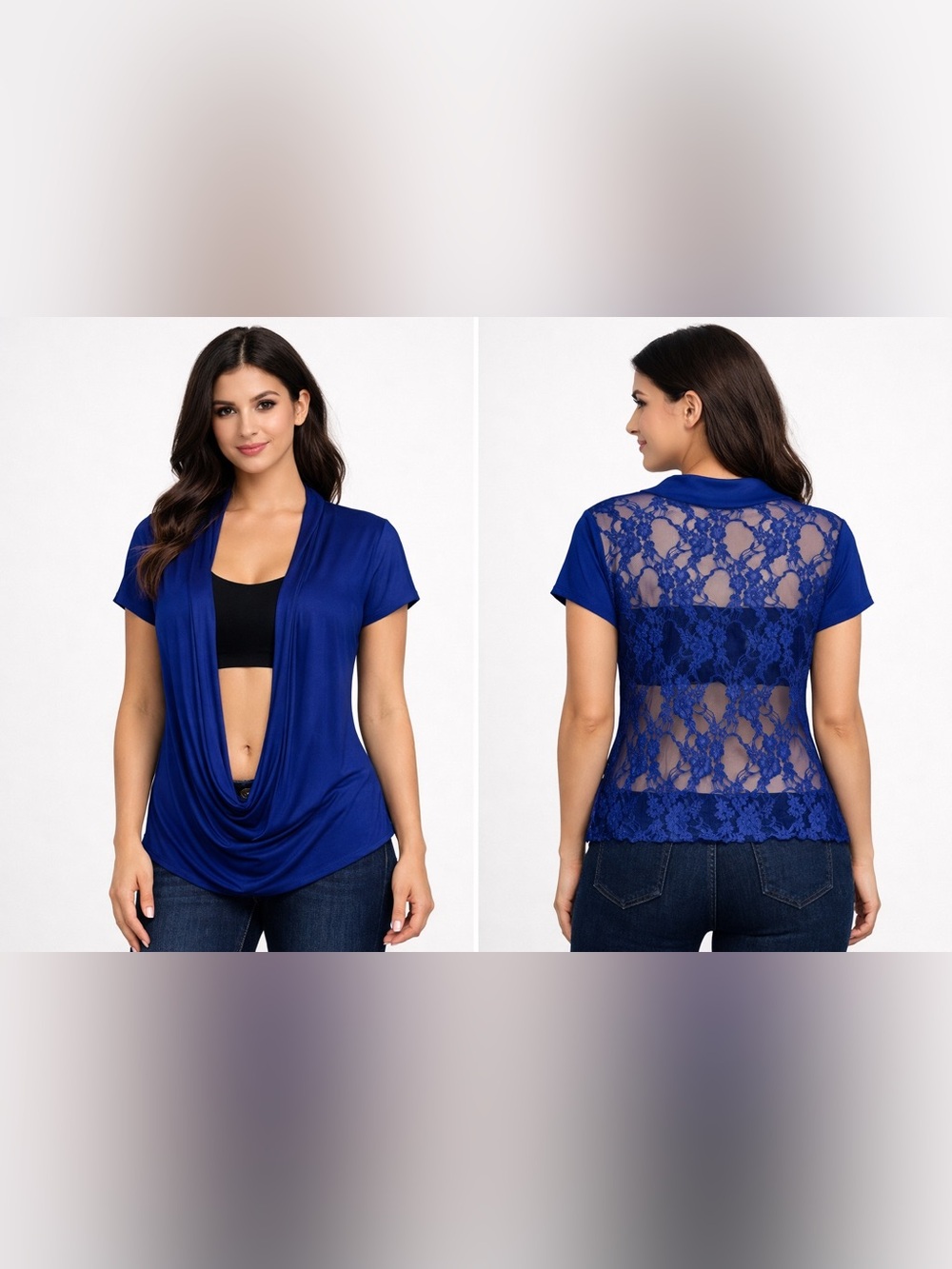 Royal Blue Deep Scoop Top W/Sheer Floral Lace Back